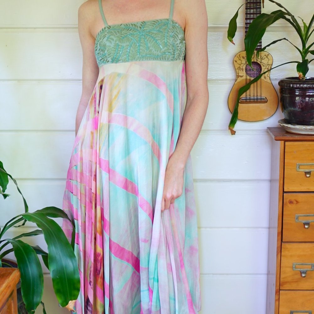 Sabine by Floreat Anthropologie Pastel Beaded Dress in Sage and Pink